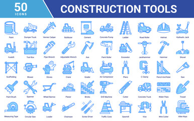 Construction Tools icon set collection featuring heavy equipment, repair tools, safety gear, woodworking and building elements for industrial, engineering and contractor projects. © Arjuna