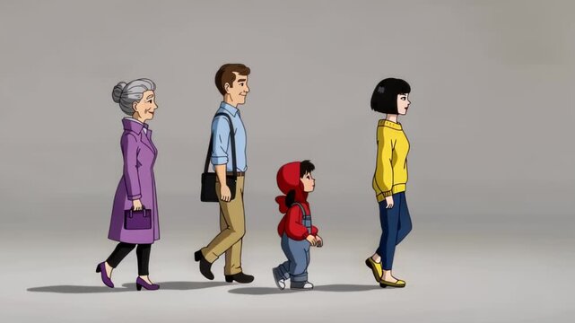 Diverse family group walking together in a line, representing different generations and ages, on a plain background