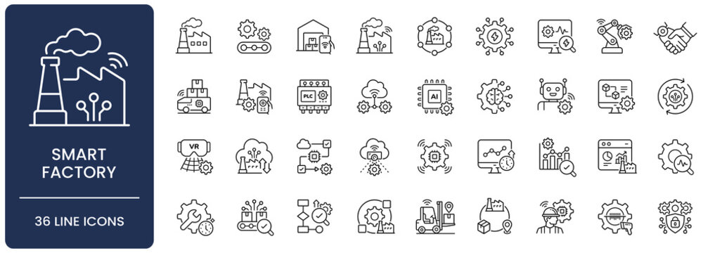 Smart factory icon set. Collection of industry 4.0, manufacturing automation, industrial internet of things, artificial intelligence and robotic line icon vector illustration with editable stroke.