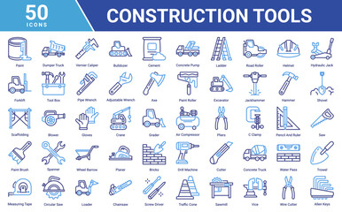 Construction Tools icon set collection featuring heavy equipment, repair tools, safety gear, woodworking and building elements for industrial, engineering and contractor projects. © Arjuna