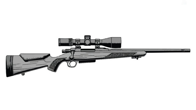 A black and white illustration of a rifle with scope and stock
