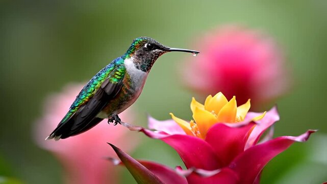 Iridescent hummingbird with droplet perches on vibrant tropical bromeliad flower