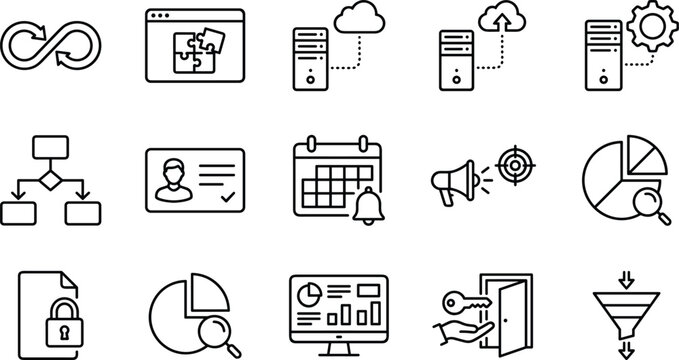 DevOps business analytics and project management line art icon set vector with server database flowchart isolated on white background