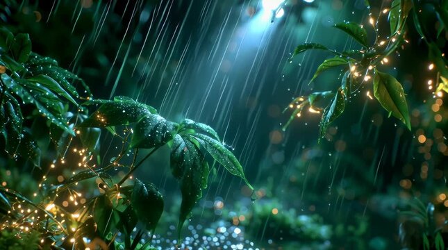 lush vibrant green forest, heavy rain falling, misty atmosphere, glistening wet leaves, tranquil and serene mood, cinematic lighting, high detail foliage, soft depth of field, peaceful nature scene li