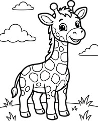 Naklejka premium Giraffe coloring page for kids cute animal illustration black and white line art activity