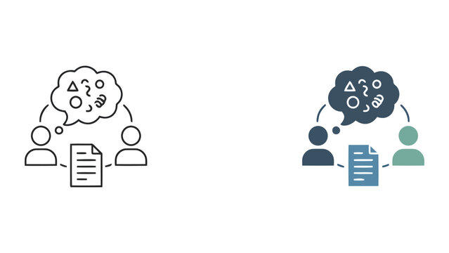Document sharing and team communication icon set with speech bubbles and file symbols for collaborative business processes and office workflow management and digital project documentation workflows