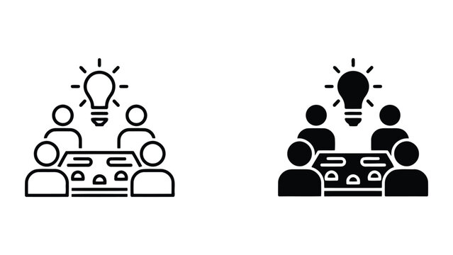 Business team collaborative meeting with lightbulb idea symbol vector icon set for innovative corporate brainstorming sessions
