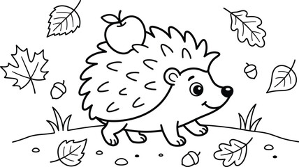Adorable hedgehog with apple coloring page for kids and adults autumn fall theme illustration © ABU