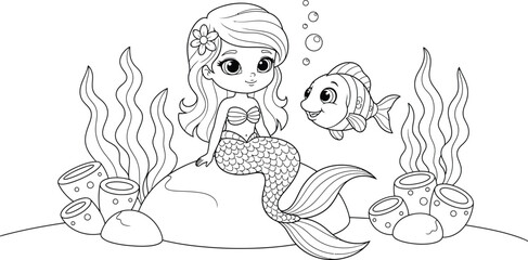 Fototapeta premium Mermaid and fish coloring page for kids detailed ocean scene for creative art therapy