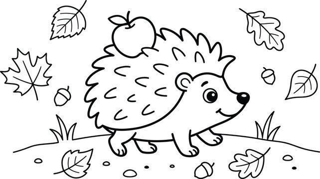 Adorable hedgehog with apple coloring page for kids and adults autumn fall theme illustration