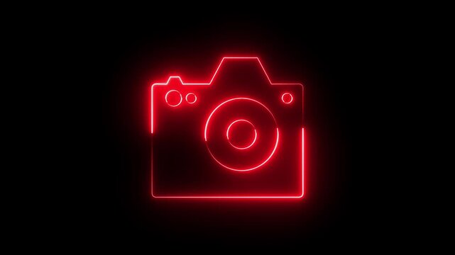 Neon camera icon animation glowing red color photo camera capture camcorder digital camera frame sign symbol on black background