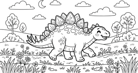 Stegosaurus dinosaur coloring page for kids educational activity book illustration with flowers and clouds © ABU