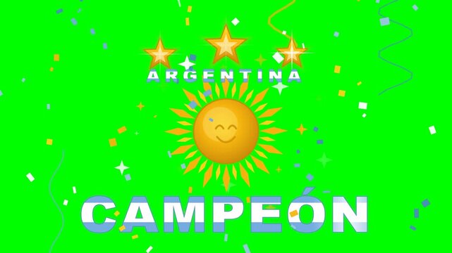 4K green screen Argentina football celebration with Sol de Mayo sun, three championship stars and CAMPEON wordmark, albiceleste confetti, chroma key sports overlay loop