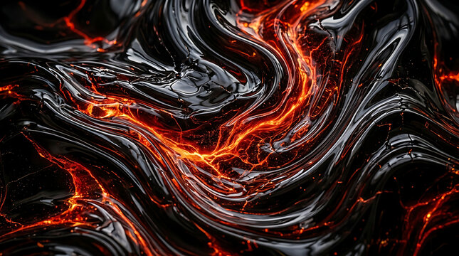 Glowing orange lava flows through shiny black molten material with wavy patterns