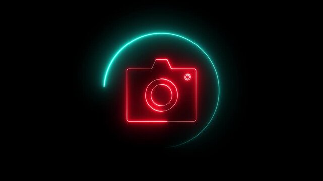 Neon camera icon animation glowing red and cyan color photo camera capture camcorder digital camera frame sign symbol on black background