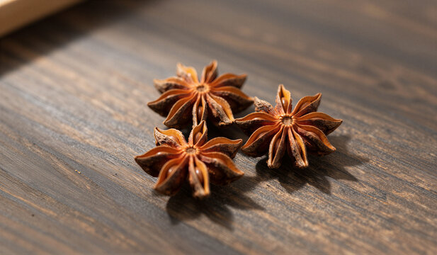 Star anise pods rest on dark wood grain. Each pod has eight pointed arms. Their brown hue suggests natural drying. They glow softly under warm light. Ideal for culinary or herbal imagery