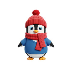 Fototapeta premium Cute Little Penguin Wearing A Red Knit Hat And Scarf With Blue Sweater Isolated On White Background