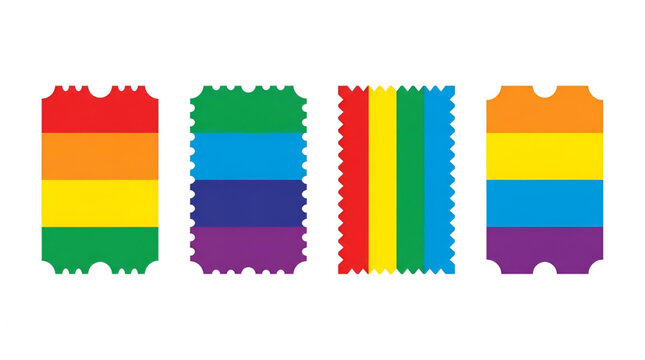 Four rectangular tickets with scalloped edges featuring colorful rainbow stripes scalloped colorful