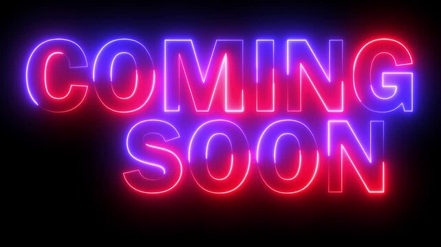 Neon COMING SOON text icon animation glowing red and blue color business poster template signboard alphabet font letter word banner sign seamless light effect footage on black background