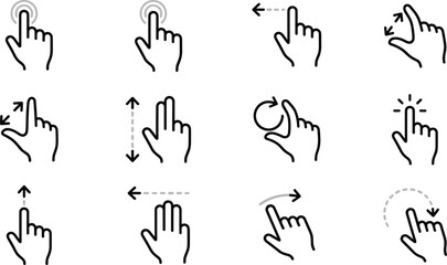 Fototapeta premium Touch screen hand gestures line art icon set vector featuring tap swipe pinch zoom scroll isolated on white background