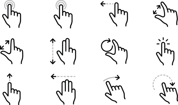 Touch screen hand gestures line art icon set vector featuring tap swipe pinch zoom scroll isolated on white background
