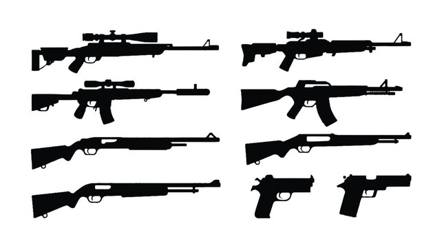 A black silhouette illustration of various modern tactical guns and rifles