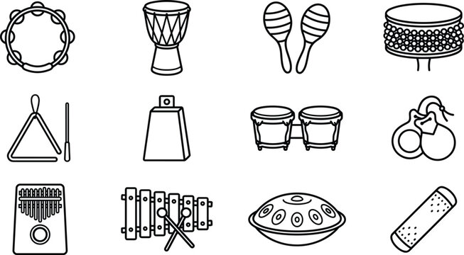 Percussion musical instruments line art icon set vector with drums tambourine maracas xylophone isolated on white background