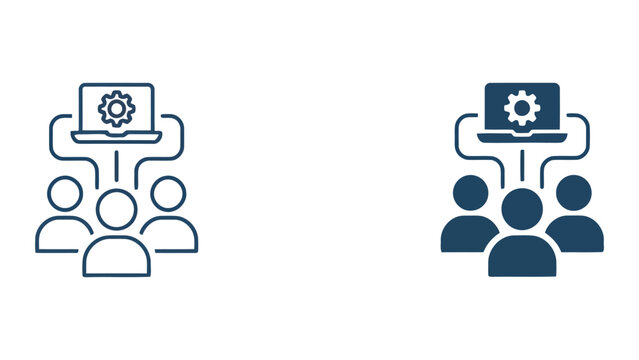 Technical team collaboration and software development management icon with laptop and gear symbol for IT operations and business workflow vector