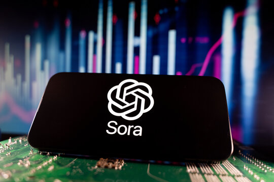 Close up of Sora logo on smartphone screen with financial chart background. Toronto, Canada - June 11, 2026.