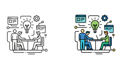 Fototapeta premium Collaborative office meeting and web development project icon set featuring team members with lightbulb and dashboard interface in modern colorful vector design for tech and business presentations