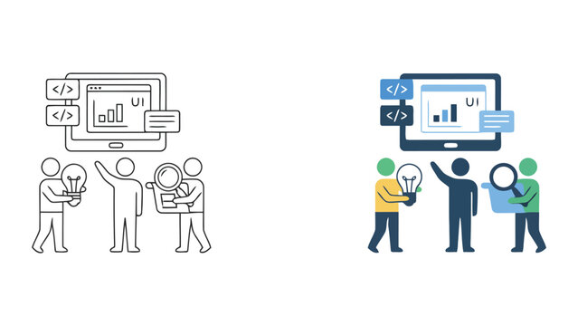 Web development team working on user interface design with coding symbols and digital analytics dashboard icons for software engineering and UI UX research vector illustration