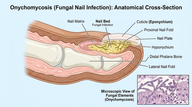 Detailed Cross-Section of Onychomycosis Fungal Nail Infection.