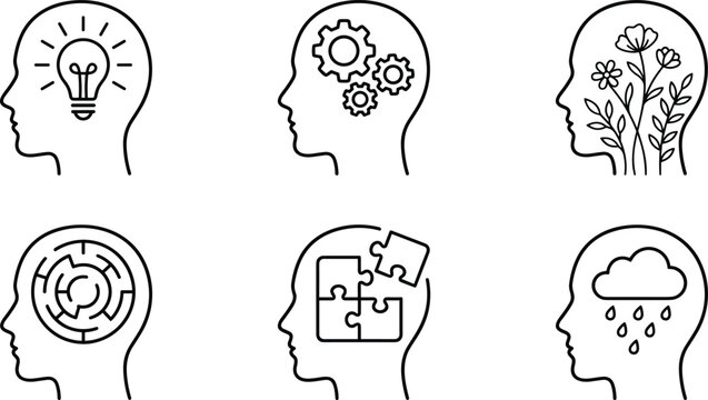 Mental health psychology and human mindset line art icon set vector with logic creativity depression isolated on white background