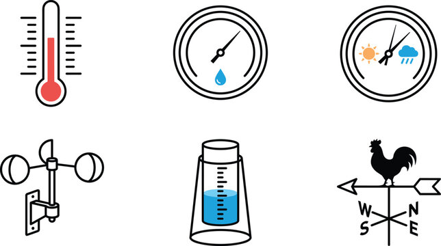 Meteorology weather measurement instruments vector icon set with thermometer hygrometer anemometer rain gauge weather vane isolated on white background