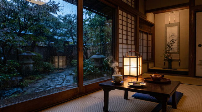 雨の日の夕暮れの和室と濡れた窓　落ち着いた日本の室内背景素材