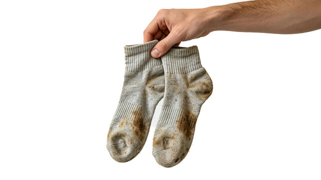 Male hand holding a pair of dirty, soiled white socks isolated on white background.