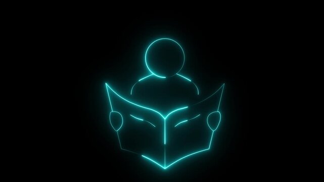 Glowing neon person reading book icon isolated on black background. futuristic education, learning, knowledge, and study concept. 4k video Motion graphic.