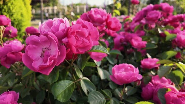 Blooming Pink Roses in Garden