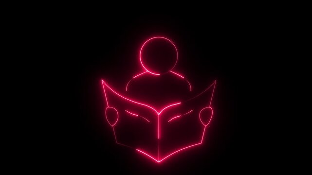 Glowing neon person reading book icon isolated on black background. futuristic education, learning, knowledge, and study concept. 4k video Motion graphic.