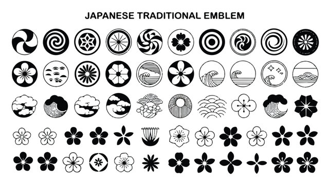 A collection of traditional Japanese emblems and floral patterns are displayed.