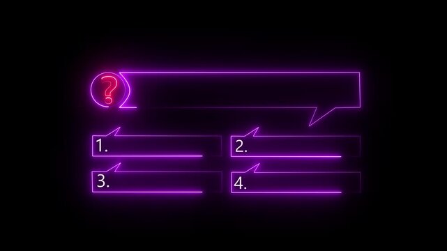Quiz Neon Line Animation with option selection on black background ,Quiz template challenge with option selection, quiz game animation, Animated quiz question on 4K Animation .