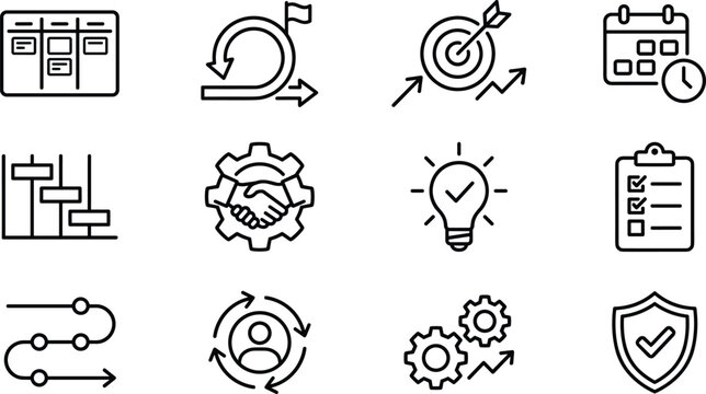 Agile project management and scrum line art icon set vector with kanban board gantt chart timeline isolated on white background
