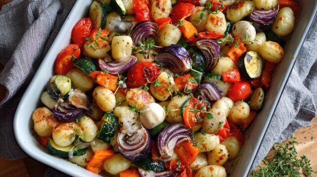 Roasted gnocchi and colorful vegetables on a baking sheet, traybake with cherry tomatoes, zucchini, bell peppers and fresh basil leaves, healthy vegetarian dinner concept.
