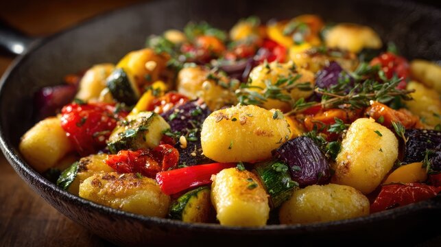 Roasted gnocchi and colorful vegetables on a baking sheet, traybake with cherry tomatoes, zucchini, bell peppers and fresh basil leaves, healthy vegetarian dinner concept.