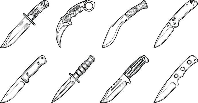 Vintage tactical knife and hunting blade line art icon set vector featuring bowie dagger folding karambit isolated on white background