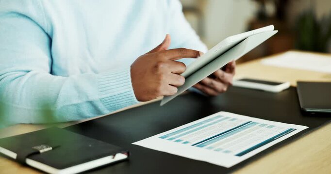 Scrolling, documents and hands of businessman with tablet in home with remote work for finance report. Digital app, paperwork and financial advisor with research, investment revenue and freelancing