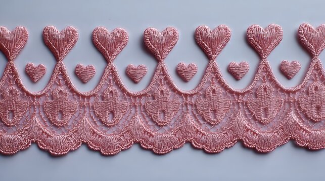 Wide pink lace trim with delicate heart motifs, romantic decorative textile border design, elegant fabric edging for sewing projects, fashion embellishment, scrapbooking, wedding invitations and femin