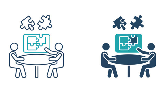 Team collaboration and complex problem solving icon set featuring people assembling jigsaw pieces on a table for corporate strategy and project management concepts