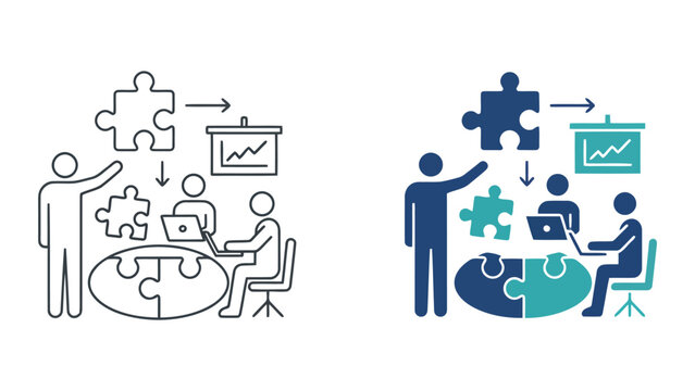 Team meeting with presentation and puzzle pieces vector illustration for collaborative project planning and business strategy brainstorming