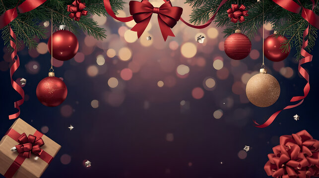 Festive Christmas Background Border with Fir Branches Red Ornaments and Gift Box